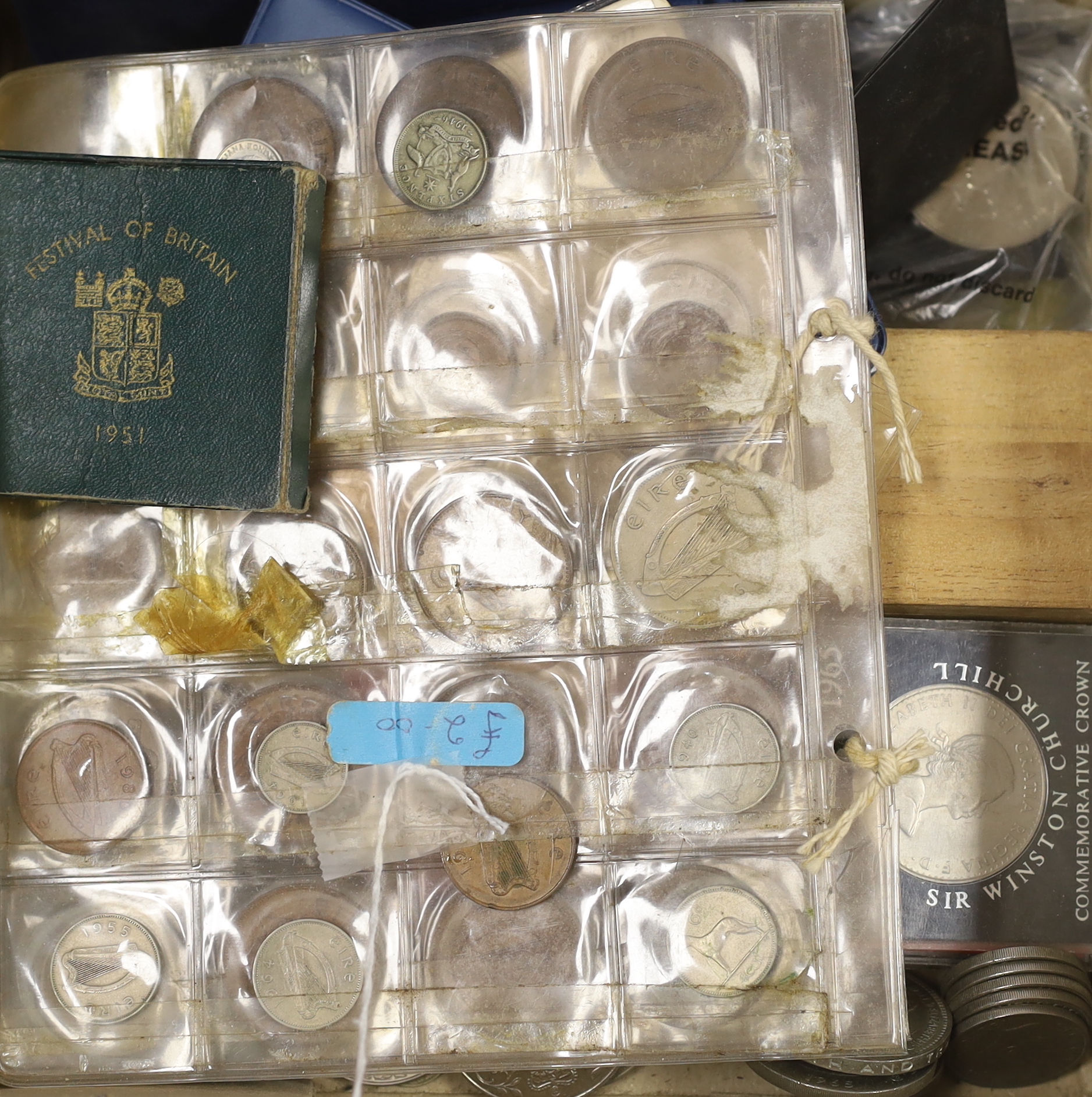 British coins, mostly QEII BUNC Decimal coin sets and commemorative crowns, Festival of Britain crowns 1951, together with Ireland coins